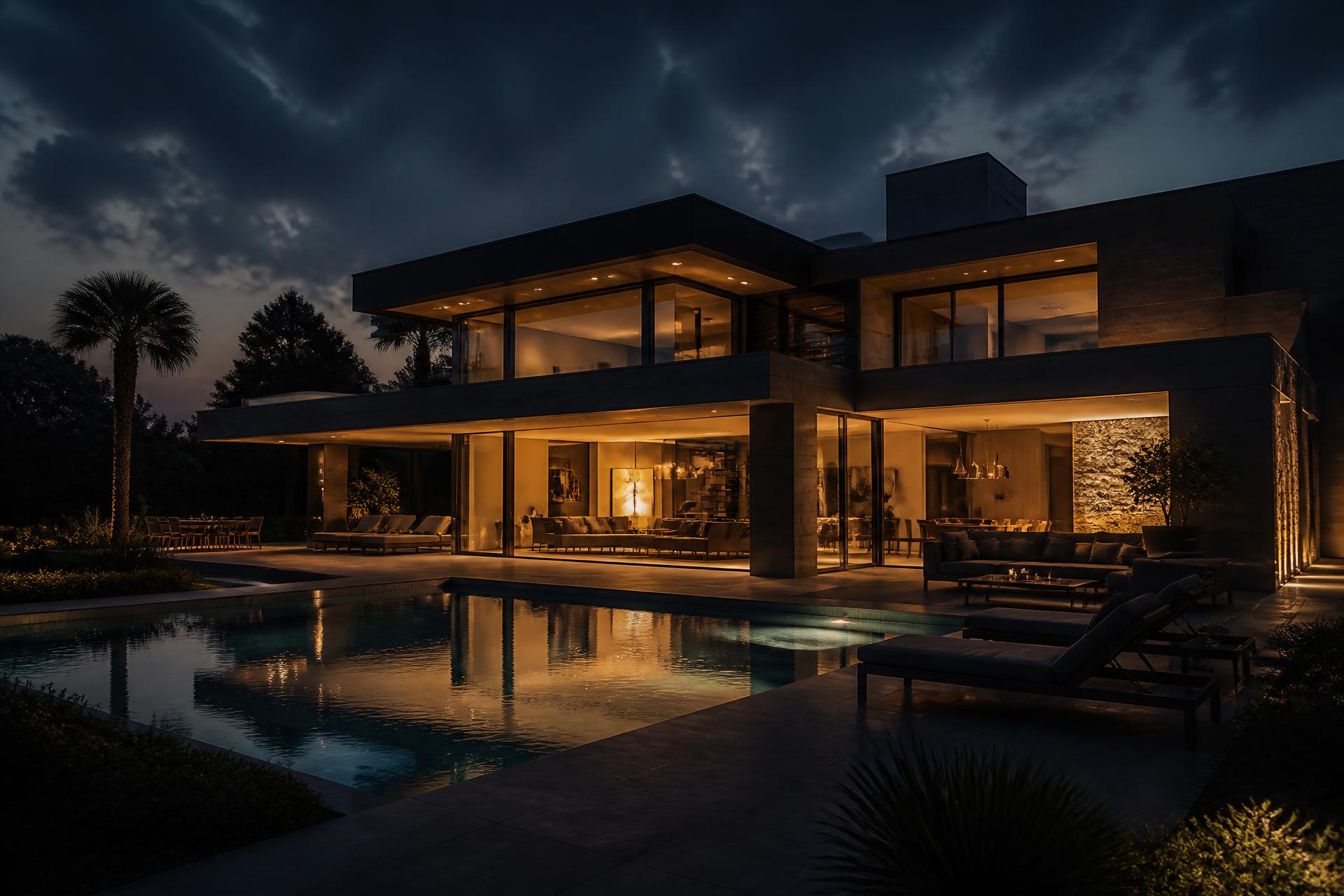 Imóvel de alto padrão iluminado ao entardecer
